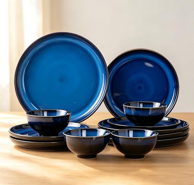 4-piece set, ceramic, natural active glaze plate and bowl set, microwave and dishwasher compatible tableware set, shatterproof and scratch resistant dinner set, irregular edge design, blue