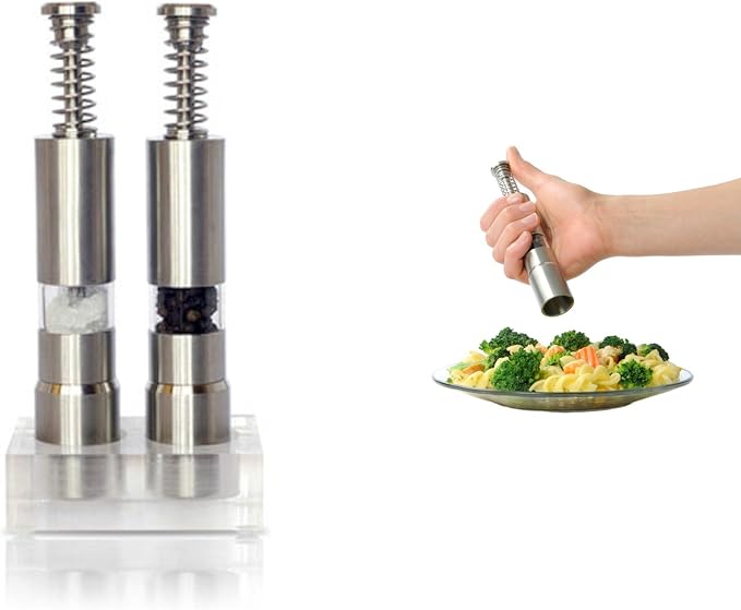 Grind Gourmet Salt and Pepper Grinder Set, Refillable, Pump & Grind, Thumb Press (Reflex Black Set)