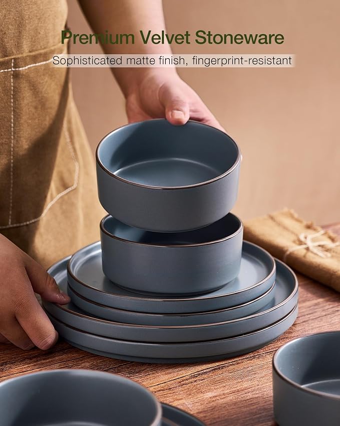 Famiware Nebula Ridge Stoneware Dinnerware Sets with Pasta Bowls, Plates and Bowls Sets, Service for 4 (16 Pieces), Microwave and Dishwasher Safe Kitchen Plates, Charcoal