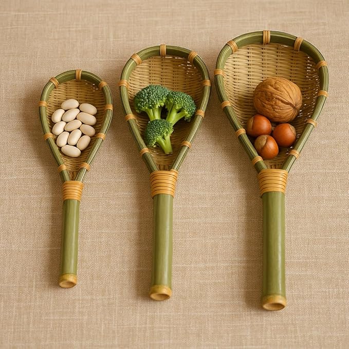 Bamboo Rice Strainer Wooden Skimmer Colander Scoops – Natural Kitchen Mesh Sieve Bamboo Ladle Washer Sifter with Handle for Beans, Rice, Dried Fruits, Grains – Kitchen Tool Eco-Friendly Colander