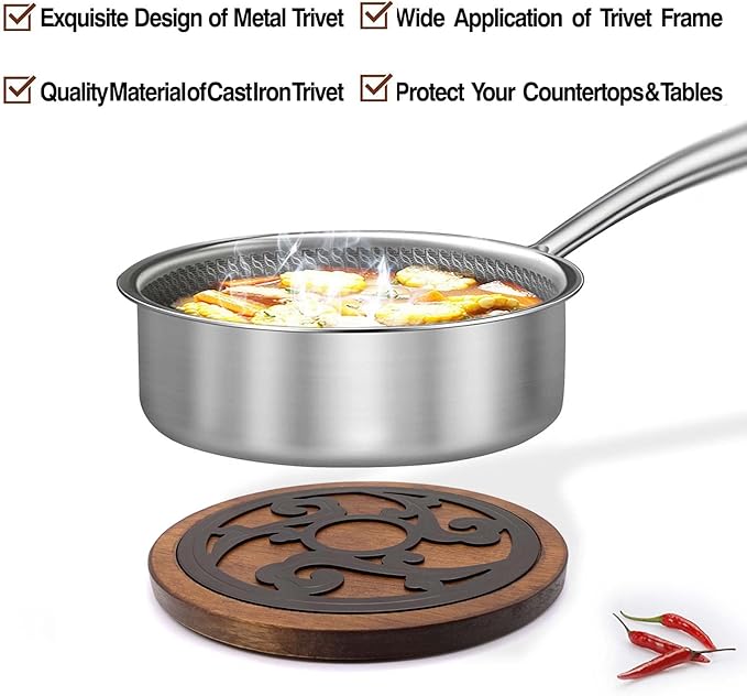 Cast Iron with Wood Trivet, Metal Trivets for Hot Dishes, Decorative 8-inch Round Kitchen Hot Pad, with Vintage Pattern for Serving Pot, Plates & Teapot on Kitchen Countertop or Dinning Table(Black)