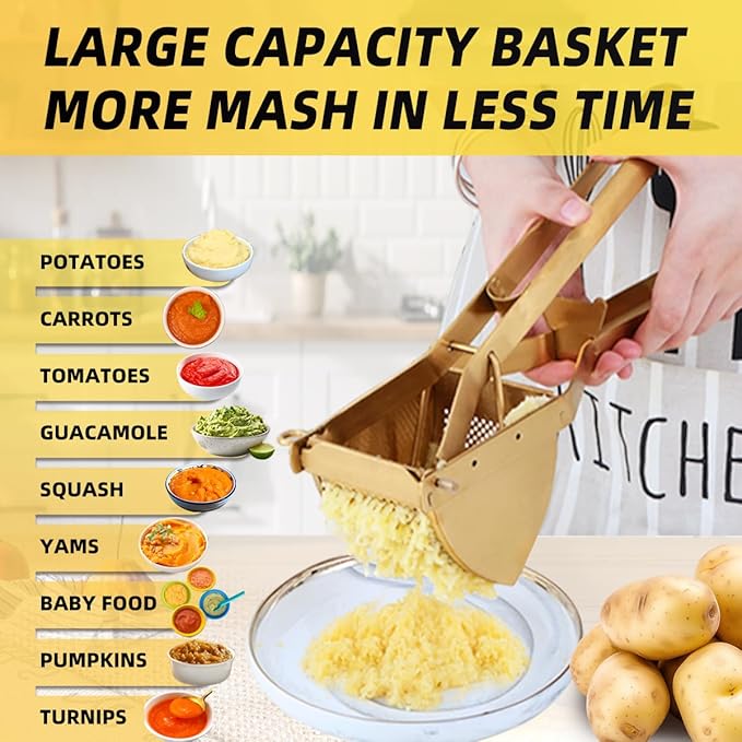 QRU Large Potato Ricer, Heavy Duty Stainless Steel Potato Masher for Commercial and Home Use, Fruit Press Baby Food Masher (Gold)