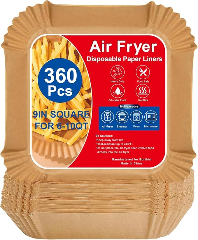 Boribim 9 Inch Air Fryer Paper Liners, 360 PCS Square Air Fryer Disposable Liners - AirFryer Accessories - Non-Stick and Oil Proof Air Fryer Parchment Paper Liners for 6-10QT Basket Oven Microwave
