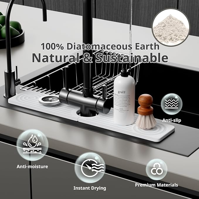 Quick Dry Sink Splash Guard - 15.8" Quick Drying Diatomaceous Earth Faucet Mat - Diatomite Stone Sink Tray for Bathroom Counter - White