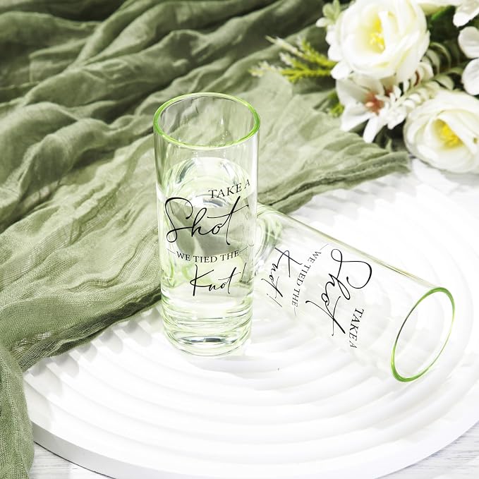 Sliner 50 Set Wedding Favors for Guests Bulk 2oz Acrylic Take a Shot We Tied the Knot Shot Glasses with Thank You Cards Organza Bags for Guest Souvenir Wedding Bridal Shower Gifts (Sage Green,Black)