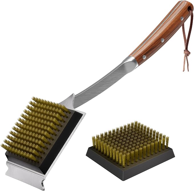 ENLOY Grill Brush and Scraper for Barbecue, 17" Grill Brush for Outdoor Grill, Extended Rosewood Handle and 2 Replaceable Copper Wire Brush Heads, Grill Cleaning Brush Grill Accessories for Most Grill