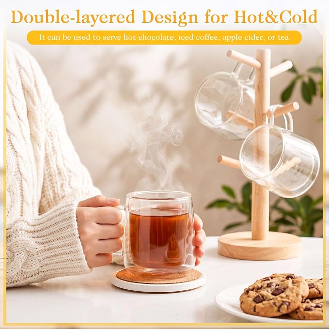 Patelai Glass Coffee Mugs Set of 4, 12 oz Clear Double Walled Coffee Cups Glasses Insulated Latte Mugs with Handle Espresso Clear Cups for Hot and Cold Beverages