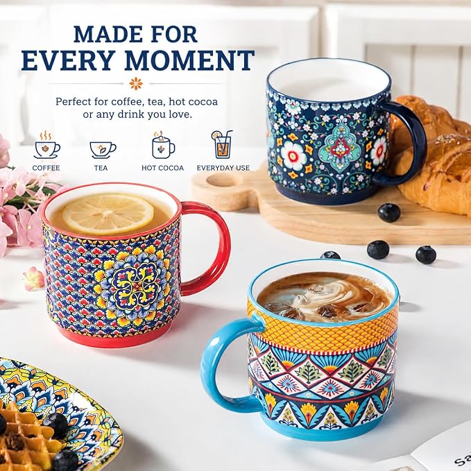 HENXFEN LEAD Coffee Mugs Set of 6, 12 oz Stackable Ceramic Coffee Cups with Large Handles, Boho Mug Set for Coffee, Tea & Hot Cocoa, Dishwasher & Microwave Safe