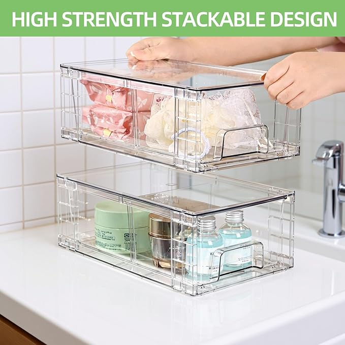 Small Stackable Clear Acrylic Storage Drawers(6 Pack) with Handles,Plastic Organizer Bins for Fridge Bathroom Kitchen Cabinet Pantry Coffee bar Undersink Office Closet Storage Bins