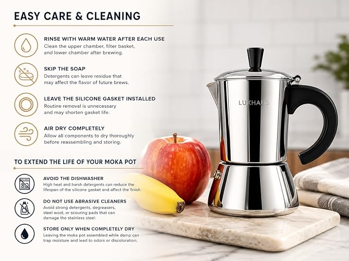 LuxHaus 3 Cup Moka Pot (2oz each cup - 6oz total) Stovetop Espresso Maker - Stainless Steel Italian and Cuban Mocha Coffee Maker