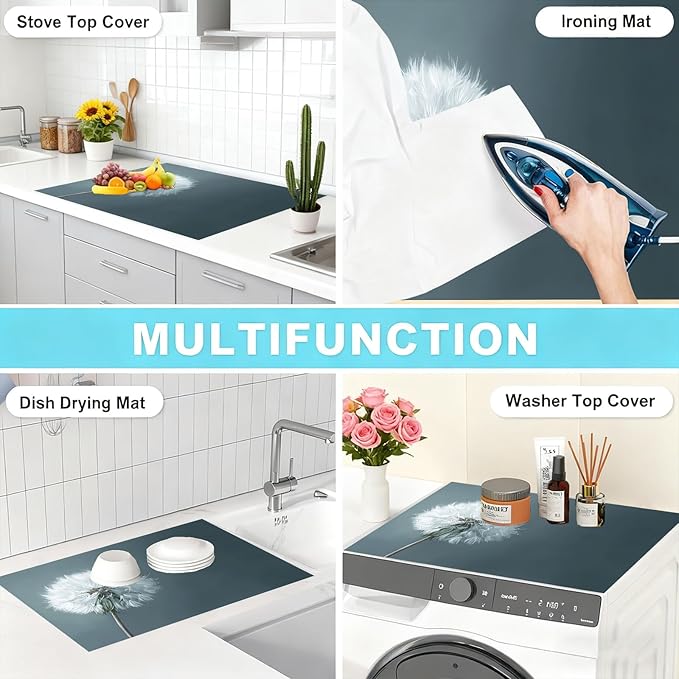 Minimalist White Dandelion Stove Top Cover for Electric Stove, 28.3 × 20.5 Inch Heat-Resistant Cover, Soft Neutral Botanical Artwork, Modern Kitchen Decor