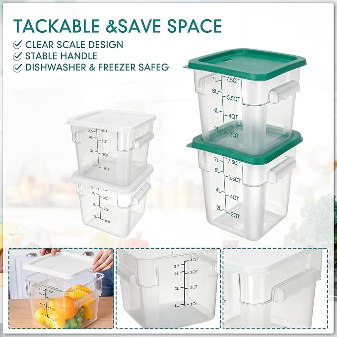 Lallisa 4 Pcs 8qt & 4qt Clear Food Storage Containers with Lids Handles and Scales, Stackable Plastic Square Food Storage Containers for Dough Proofing Baking Kitchen Restaurant(White, Green)