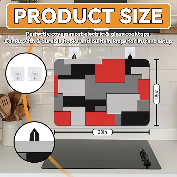 Decorative Stove Top Covers for Electric Stove 28"x20" – Heat Resistant Glass Cooktop Protector Dish Drying Mat – Non-Slip Rubber Backing Washer Top Cover Waterproof Extra Counter Space (Geometric)