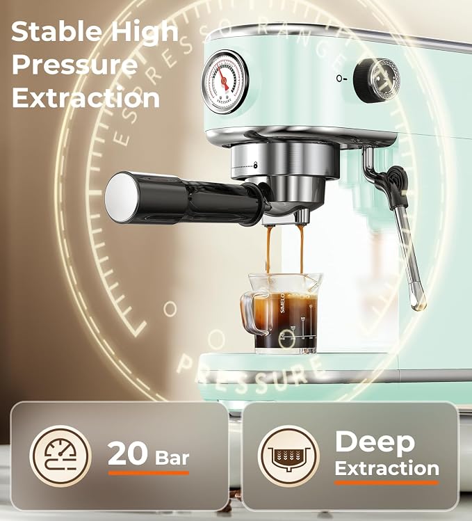 atatix 20 Bar Espresso Machine with Milk Frother, Compact Espresso Maker, Stainless Steel Coffee Machine with Precise Temp Control & 44oz Removable Water Tank for Latte, Cappuccino, Light Green