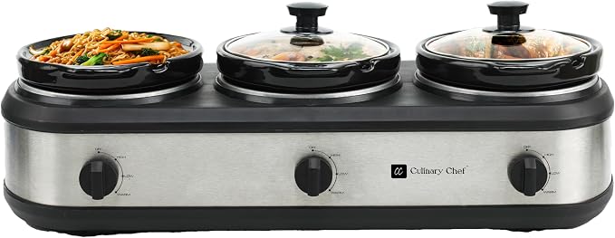 CULINARY CHEF, Triple Slow Cooker, Buffet Server 2.5qt x 3 Pot, Food Warmer – Stainless