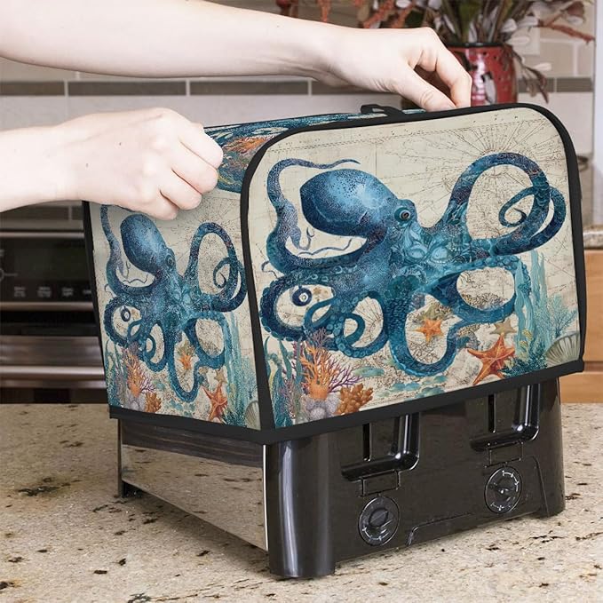 Retro Blue Octopus 4 Slice Toaster Cover Dust And Fingerprint Bread Maker Cover Bakeware Protector Washable Appliance Covers Kitchen Accessories For Home Kitchen Women Gift