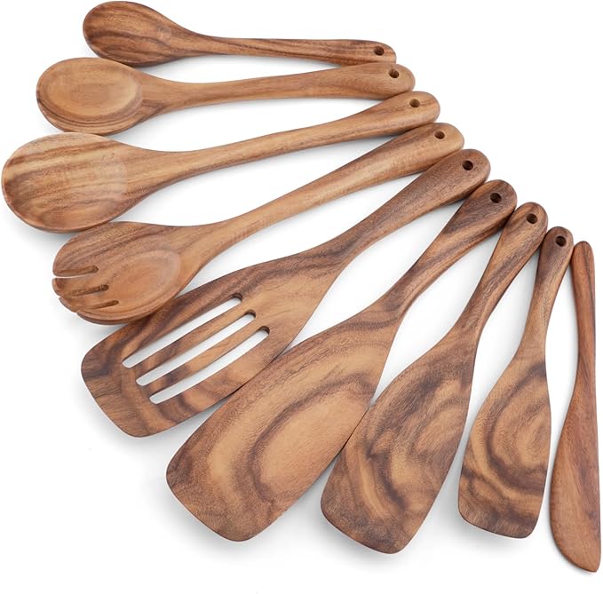 Wooden Utensil Set 9 Pcs,Sturdy & Easy to Clean, Natural Teak Wooden Spoons for Cooking,Spatula Set, Slotted Spoon, Wooden Spoon Set,Terrific for Everyday Kitchen Tasks
