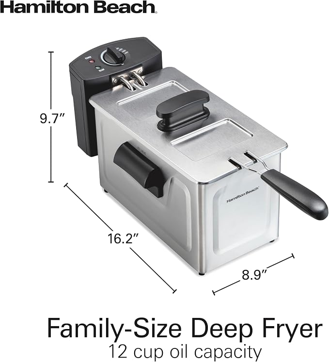Hamilton Beach Family Style Electric Deep Fryer With Basket | 3 Liter / 12 Cup Oil Capacity | 1500 Watts | Lid | Easy Detach Magnetic Cord | Stainless Steel | 35220G