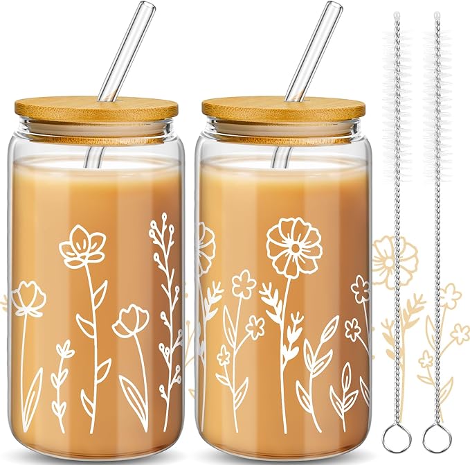 Mumufy 2 Pack Glass Cups Gift Aesthetic Cute Glass Cup Tumbler Flower Iced Coffee Mugs 16 oz with Bamboo Lid & Straw, for Wedding Birthday Bridesmaid Mom Baby Shower