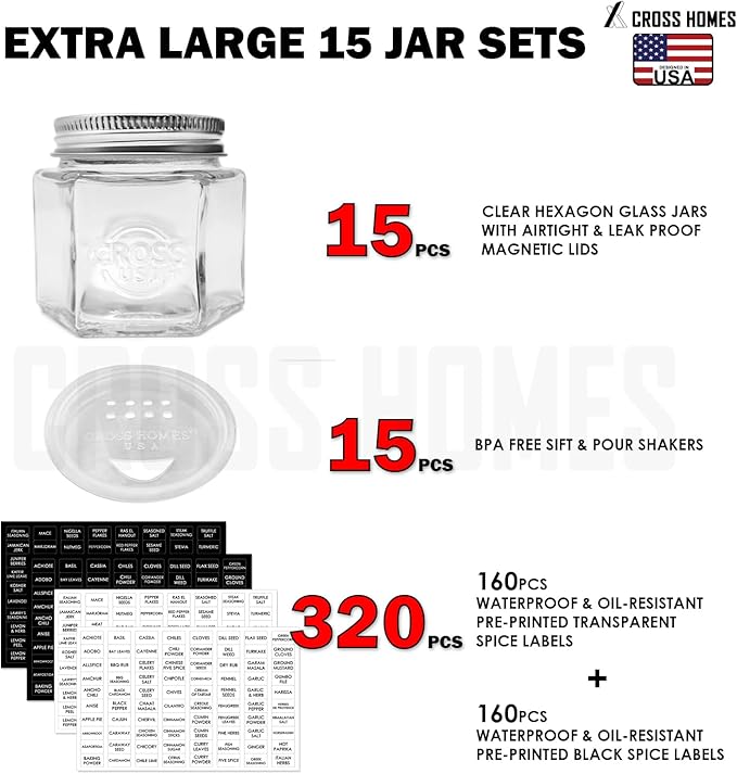 15 Pack Magnetic Spice Jars Large 4 oz Refrigerator Hexagon Glass Spice Jars Magnetic Lids Shaker Spice Labels Magnetic Glass Spice Containers for RV Travel Trailer Kitchen Fridge Cabinet Wall mount