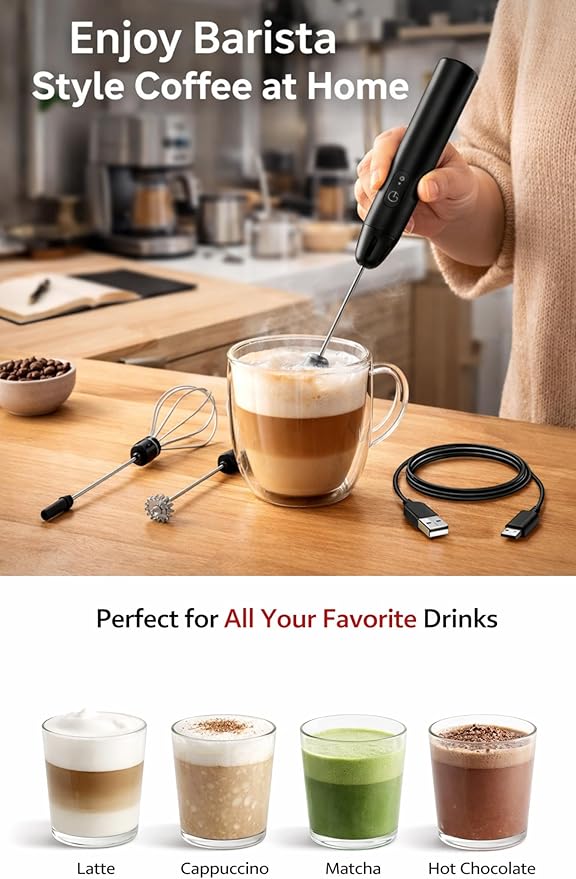 Milk Frother Handheld for Coffee – Electric Matcha Whisk & Drink Mixer, Foam Maker for Latte, Cappuccino, Bulletproof Coffee, Portable Stainless Steel Frother for Home, Office & Travel (Black)