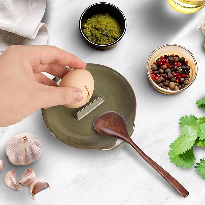 Egg Cracker Spoon Holder, Spoon Rest for Kitchen, Ceramic Spoon Holder for Stove Top, Cooking Spoon Holder,Heat Resistant Utensil Rest for Countertop, Dishwasher Safe, Blue (Green)