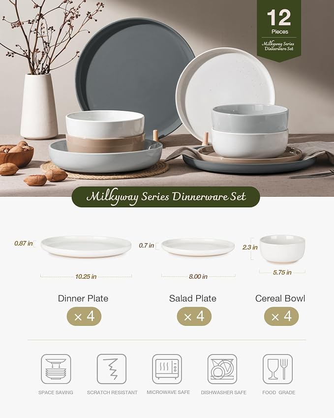 Famiware Milkyway Plates and Bowls Set, 12 Pieces Dinnerware Sets, Dishes Set for 4, Multi-color