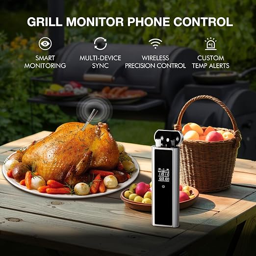 Bluetooth Meat Thermometer Wireless with Dual Probes, 650ft Long Range Smart App Controlled Food Thermometer for Grill, Smoker & Oven, Rechargeable IP67 Waterproof