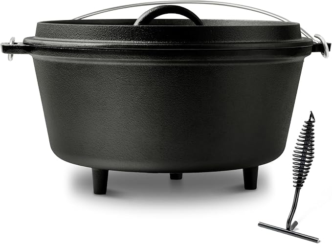 Pre-Seasoned Cast Iron 10QT Camp Dutch Oven with Lid, Large Camping Dutch Oven Pot, incl. Lid Lifter - Dual Handles - for Outdoor Campfire, Grill, Oven&Stovetop Cooking - Black