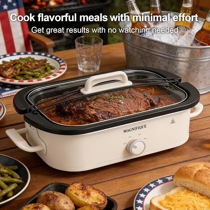 MAGNIFIQUE 4 Quart Slow Cooker with Ceramic Nonstick Baking Dish, Adjustable Temperature, Oven Safe for Lasagna & Roasts, Dishwasher Safe Stoneware & Tempered Glass Lid, Compact Crock Pot, Oatmeal
