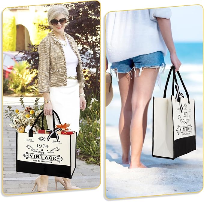 YeohJoy 52nd Birthday Gifts for Women Canvas Tote Bag Travel Gear, Unique 52 Years Old Birthday Gifts for Mom Aunt Friends Wife Sister Her, Vintage 1974 Handbag & Cosmetic Bag & Back in 1974 Poster