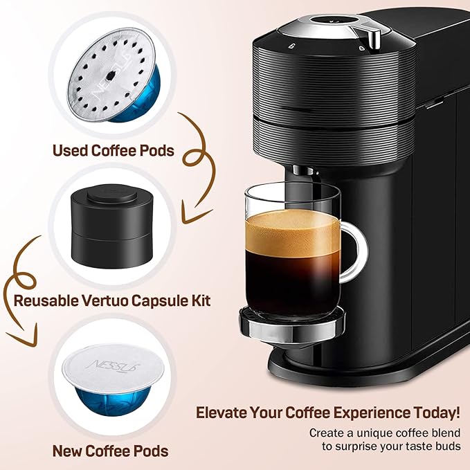 Nessus Reusable Vertuo Capsule Kit(100 Pcs Foil Seal Lids, Holder, Brush) + 200 Pcs Refilling Aluminum Foil Covers