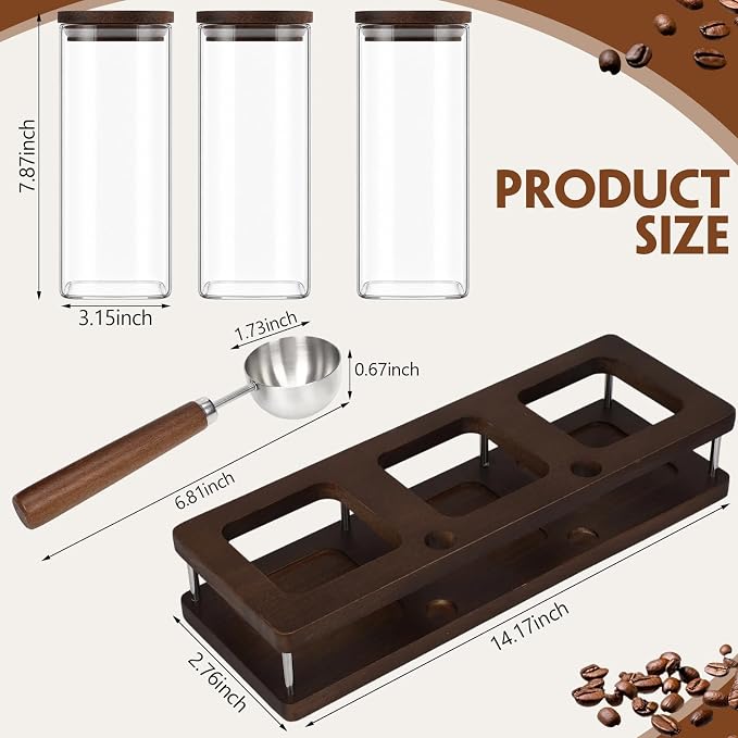 Suclain 3 Pcs 34 oz Glass Coffee Grounds Container with Shelf Glass Coffee Bean Storage Canisters with Airtight Lid and Measuring Spoon Food Storage Jars for Kitchen Sugar (Delicate Style)