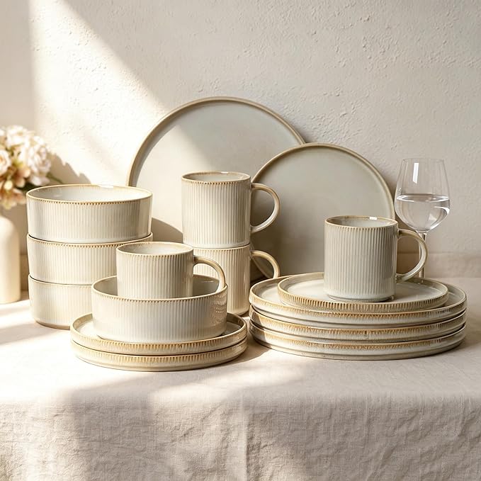 MONITO Ceramic Dinnerware 16 Pieces Dinner Set，10.6in Stoneware Plates and Bowls Sets, Highly Chip and Crack Resistant | Dishwasher & Microwave Dishes set,Gift, Bonbon Beige