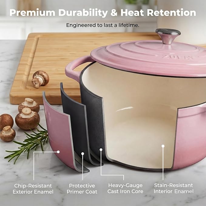 Zulay Kitchen 6.4QT Enameled Cast Iron Dutch Oven Pot with Lid, Heavy-Duty Soup Pot for Stews, Braising, Roasting & Sourdough Bread Baking, Oven Safe up to 500°F - Pink