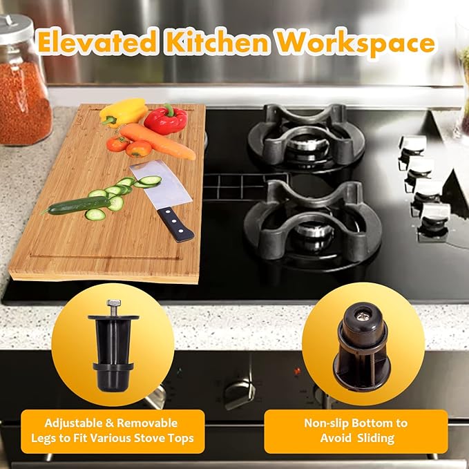Bamboo Stovetop Cover&Countertop Cutting Board with Adjustable Legs, Dual-purpose Chopping Board for Electric Stove Burner, Workspace Block Cover for RV Camping Camper Gas