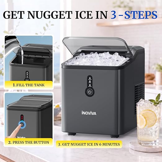 INOVIVA Ice Makers Countertop, Nugget Ice Ready in 6 Mins,26.5LBS/Day, FLASHCHILL™, Self-Cleaning Ice Machine, Compact Portable Design for Home, Kitchen, Office & Party
