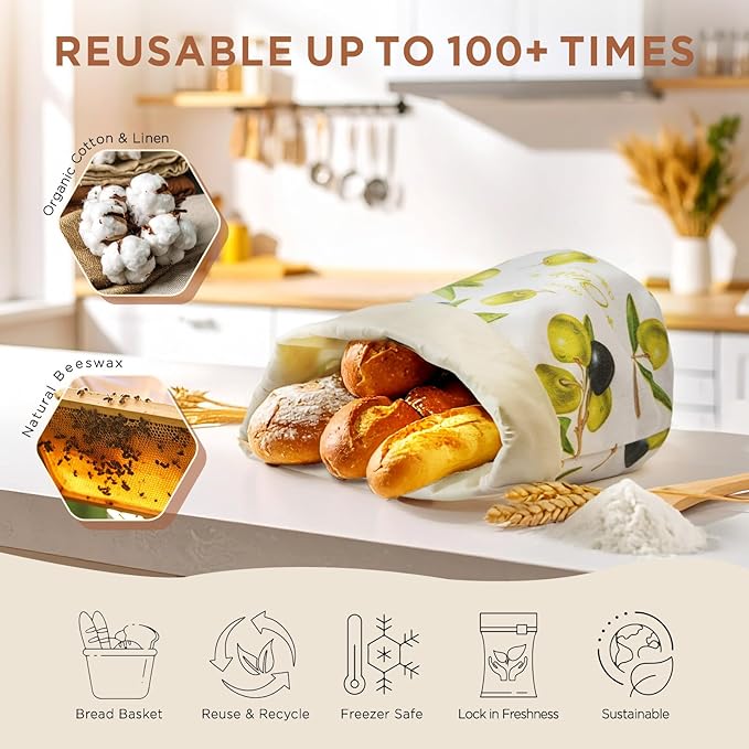 Reusable Beeswax Bread Bag for Homemade Sourdough, Natural Sourdough Bread Storage Bags, Keep Fresh, Bakery Essentials | Breathable material, Freezer safe, Reusable, Durable, Extra-large