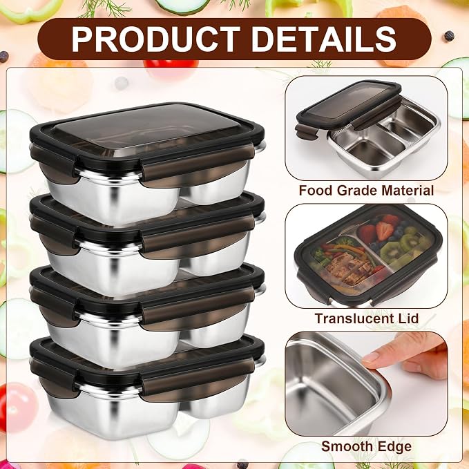 12 Pack 304 Stainless Steel Food Storage Containers 2 Compartment Food Grade Metal Lunch Bento Boxes with Airtight Lid 13 oz/380ml Meal Prep Container Freezer Dishwasher Safe