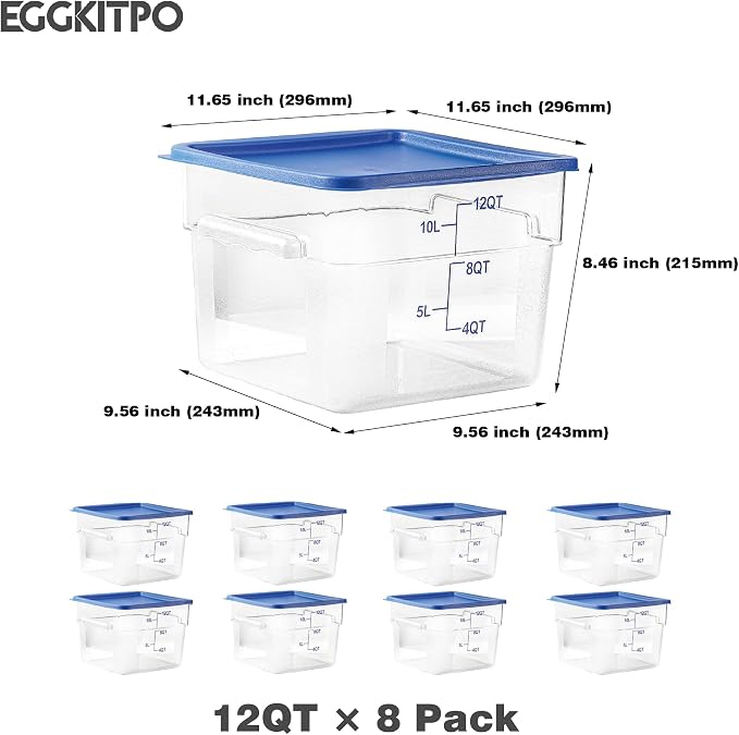 EGGKITPO 8 Pcs 12 QT Food Storage Container with Blue Lids, Handle BPA-Free Polycarbonate Hot Cold Resistant Large Square Commercial Container Set Scarle Dishwasher Freezer Safe Pantry Storage Kitchen
