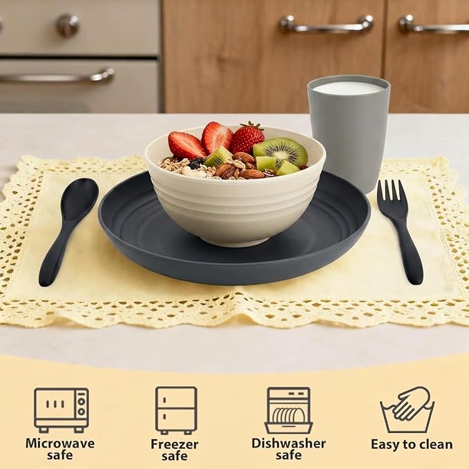 Wheat Straw Dinnerware Sets 20 PCS - Unbreakable Kids Plates and Bowls Sets for 4,Dishwasher & Microwave Safe Modern Lightweight Toddler Plates and Bowls Set - GreyStone
