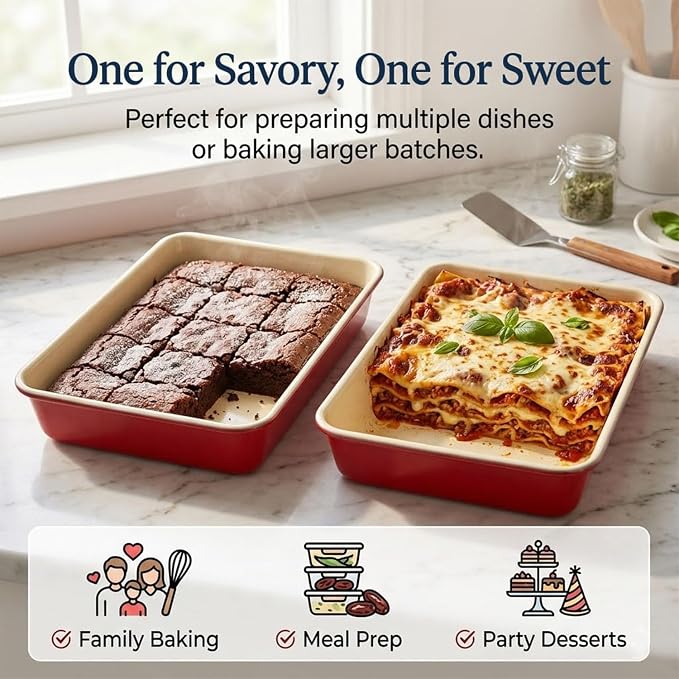 9x13 Inch Baking Pan, 2 Pack – Heavy Duty Carbon Steel Non-Stick Lasagna Pan, Deep Rectangular Cake Pan for Casseroles, Brownies & Roasting, Warp-Resistant, Oven Safe to 450°F, PFOA Free
