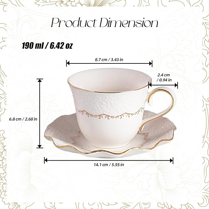 KAMMAK Tea Cups and Saucers Set of 2, 6.4oz Porcelain Coffee Cups with Saucers, Ceramic Espresso Mugs for Coffee, Latte, Americano, Tea, Elegant Teacup and Saucer (YFH11)