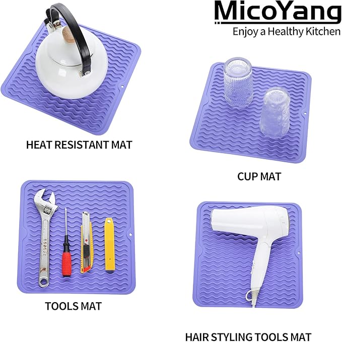 MicoYang Silicone Dish Drying Mat for Multiple Usage,Easy clean,Eco-friendly,Heat-resistant Silicone Mat for Kitchen Counter or Sink,Refrigerator or Drawer liner Light Purple M 12 inches x 12 inches