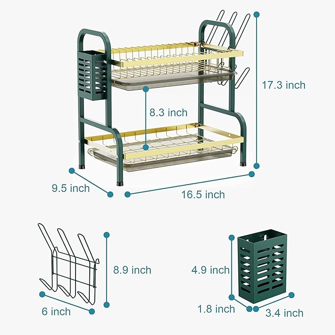 Dish Drying Rack,2 Tier Stainless Steel Dish Rack Drainboard Set,Utensil Holder, Cutting Board Holder,Dish Drainer for Kitchen Counter,Space-Saving (Green Gold)