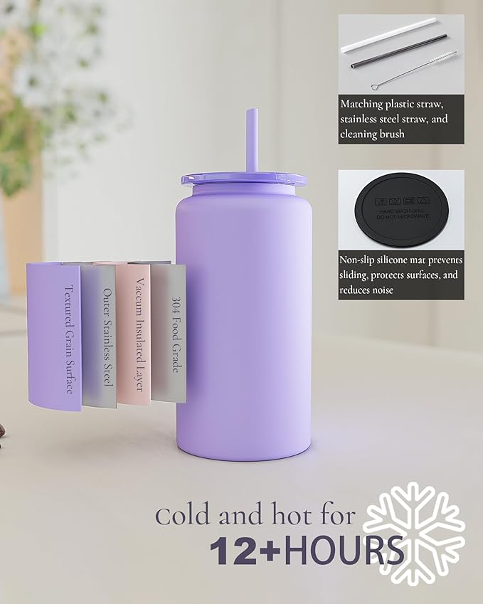 Glass Cups with Lids and Straws, 16oz Stainless Steel, Beer, Iced Coffee, Smoothie, Drinking Cups - Cyan (Textured Matte Finish, Not Sublimatable)