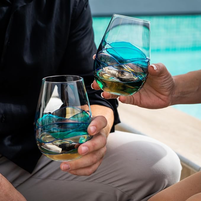 Victoria Barcelona Stemless Wine Glasses Set 2 17Oz Hand Painted Stained Turquoise Sea Unique Gift Anniversary Wedding Birthday Murano Inspired Antoni Gaudi Cornet
