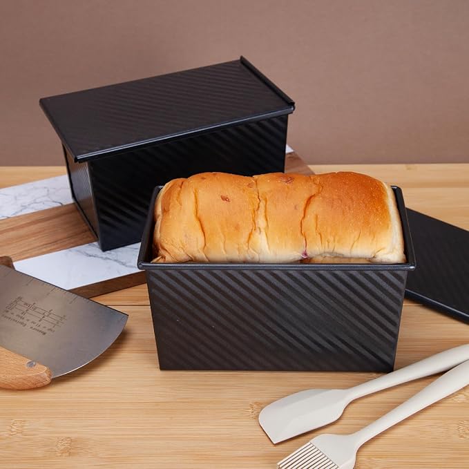 CARTMAN Bread Loaf Pan 2 Pack, 1 LB Pullman Loaf Pan with lid and a Silicone Spatula and Basting Pastry Brush, 1 LB Dough Capacity,Non-Stick Carbon Steel bread pans for homemade bread