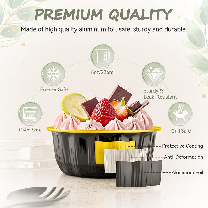 100 Pack 8 OZ Disposable Ramekins with Lids and Spoons Aluminum Foil Cups | Dessert Cups with Lids Disposable Creme Brulee Ramekins Aluminum Foil Muffin Tin Cupcake Baking Cups for Birthday Wedding