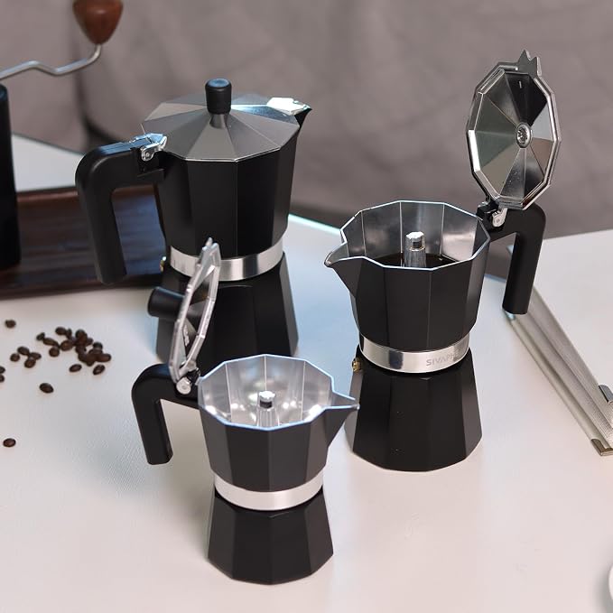 Sivaphe Aluminum Moka Pot 3 Espresso Cups, Percolator Espresso and Coffee Maker, Portable Stovetop Italian and Cuban Café Brewer for Home and Camping Black